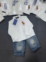 AOKID014-Áo sơ mi trắng RLP thêu logo dài tay trẻ em