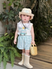 Bt556- Bộ oto quần kẻ xanh cotton bé trai chất mát