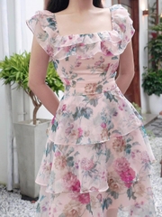 Đầm voan tầng cổ vuông 2 lớp