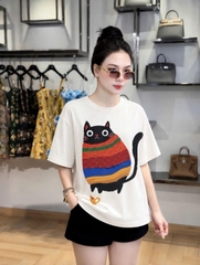 A593-Áo thun trắng suông hình mèo mẫu mới