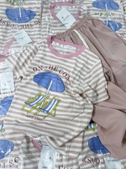 Set716- Set COAST hồng kẻ mix quần bom gió