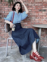 SET345-Set đồ nữ áo kẻ xanh và chân váy jean