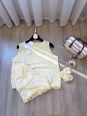 Set972-Set mặc nhà vải đũi mát chấm bi vàng TẶNG KÈM DÂY TÓC
