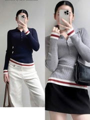 A475- Áo len cổ đức phối tay sọc dáng ôm cúc trước 2 màu xanh-ghi