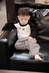 SET771- Bộ mặc nhà gia đình  áo thun quần kẻ suông dài đen trắng