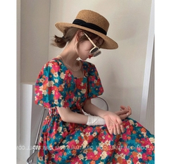 Đầm hoa cam cổ vông dây lưng tay bồng