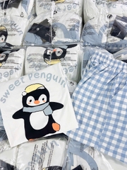 Set81- Set mặc nhà áo cotton chim cánh cụt phối quần suông kẻ
