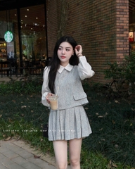 SET361- Set áo somi phối dạ và chân váy xếp ly nâu xám