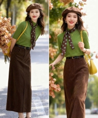 🍃SET850- Set áo cotton xanh rêu mix CVnâu socola