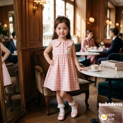 damgai04- Đầm bé gái kẻ 3 màu dáng suống đính thỏ