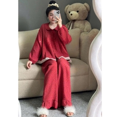 SET464- Set hoa nhí đỏ viền ren dài tay chất musilin
