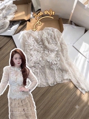 A797- Áo len 2 lớp tỉa chân đính thủ công màu be cao cấp