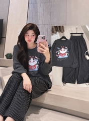 SET1067- Set IN GẤU màu chì đậm mix quần suông