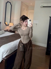 Set790- Set áo nâu dài tay mix quần nhung nâu đậm