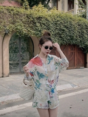 SET676-Set voan hoa áo dài tay quần cộc 2 lớp màu sáng