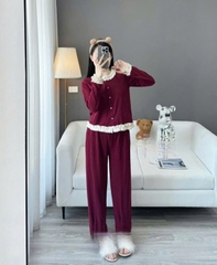 SET440-Set đồ mặc nhà nữ len thỏ viền bèo 2 màu nâu đỏ