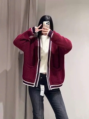 A387- Áo len cadigan đỏ viền đen hàng nhà máy full tem