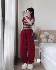 SET807-set áo tăm len kẻ xanh-đỏ mix quần gió dáng baggy