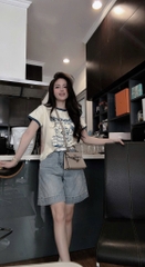 Set600- Set áo thun suông bo viền phối quần short jean