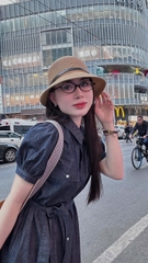 Dam144- đầm dáng dài thắt belt jeans mỏng cổ đức