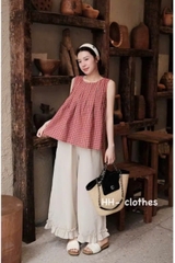 Set928- Áo BBD kẻ đỏ mix quần line suông màu be