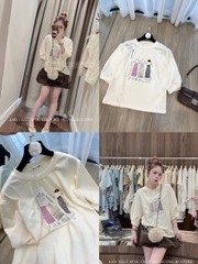 A583-Áo thun tay lỡ màu be hình mèo hàng nhà máy đủ tem