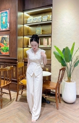 SET752- Bộ đũi lien áo vest sát nách phối quần suông trắng