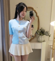 A409-Áo len dệt kim cộc tay đen cúc đồng