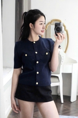 A409-Áo len dệt kim cộc tay đen cúc đồng