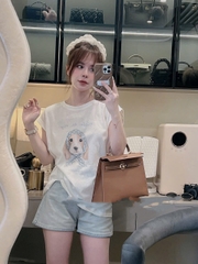 set615- Set áo cotton trắng In Cún mix quần short jeans