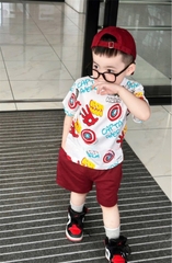 BN098- Bộ cotton SIÊU ANH HÙNG trắng đỏ áo cotton mix quần cua