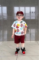 BN098- Bộ cotton SIÊU ANH HÙNG trắng đỏ áo cotton mix quần cua