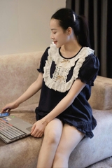 SET494- Bộ mặc nhà xanh than vuền ren chất đũi lụa