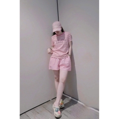 SET597-Set thun cộc áo kẻ hồng phối quần short