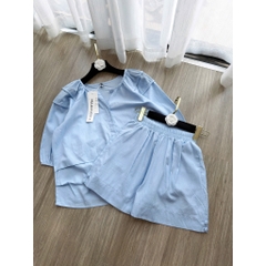 SET912-Set đũi linen màu xanh và vàng áo tay lỡ bồng