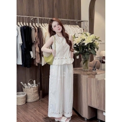 SET963-  SET ĐŨI TRẮNG THÊU GẤU PHỐI BÈO QUẦN SUÔNG