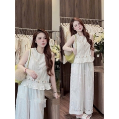 SET963-  SET ĐŨI TRẮNG THÊU GẤU PHỐI BÈO QUẦN SUÔNG