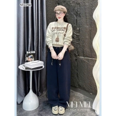 SET807-Bộ nỉ tăm áo khoá kéo phối quần ống suông màu be