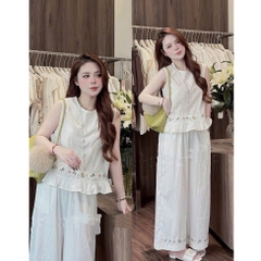 SET963-  SET ĐŨI TRẮNG THÊU GẤU PHỐI BÈO QUẦN SUÔNG