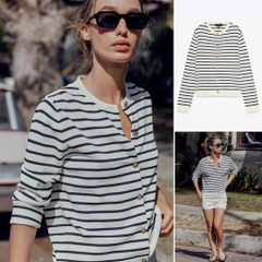 A404- Áo len kẻ ngang đen trắng cúc đồng hàng nhà máy chuẩn Thời trang công sở CAMILLA