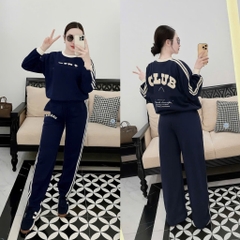 Set770-Set áo len dệt kim xanh coban phối quần jean suông nâu