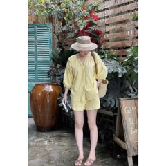 SET912-Set đũi linen màu xanh và vàng áo tay lỡ bồng
