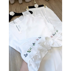 SET963-  SET ĐŨI TRẮNG THÊU GẤU PHỐI BÈO QUẦN SUÔNG