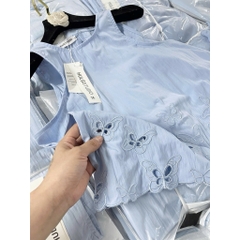 SET1013- Set áo đũi sát nách ren tỉa phối quần dài suông xanh