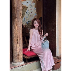 SET1013- Set áo đũi sát nách ren tỉa phối quần dài suông xanh