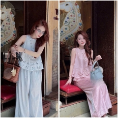 SET1013- Set áo đũi sát nách ren tỉa phối quần dài suông xanh