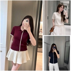 A625-Áo len  dệt kim màu xanh than phối ren Cộc tay cá hàng nhà máy đủ tem