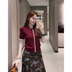 A625-Áo len  dệt kim màu xanh than phối ren Cộc tay cá hàng nhà máy đủ tem