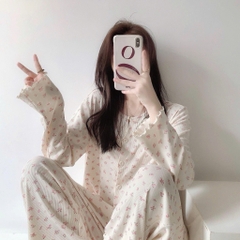 set658- Set tăm xanh hoa hồng dài tay thu đông