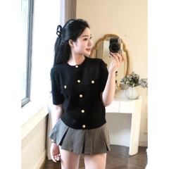A409-Áo len dệt kim cộc tay đen cúc đồng